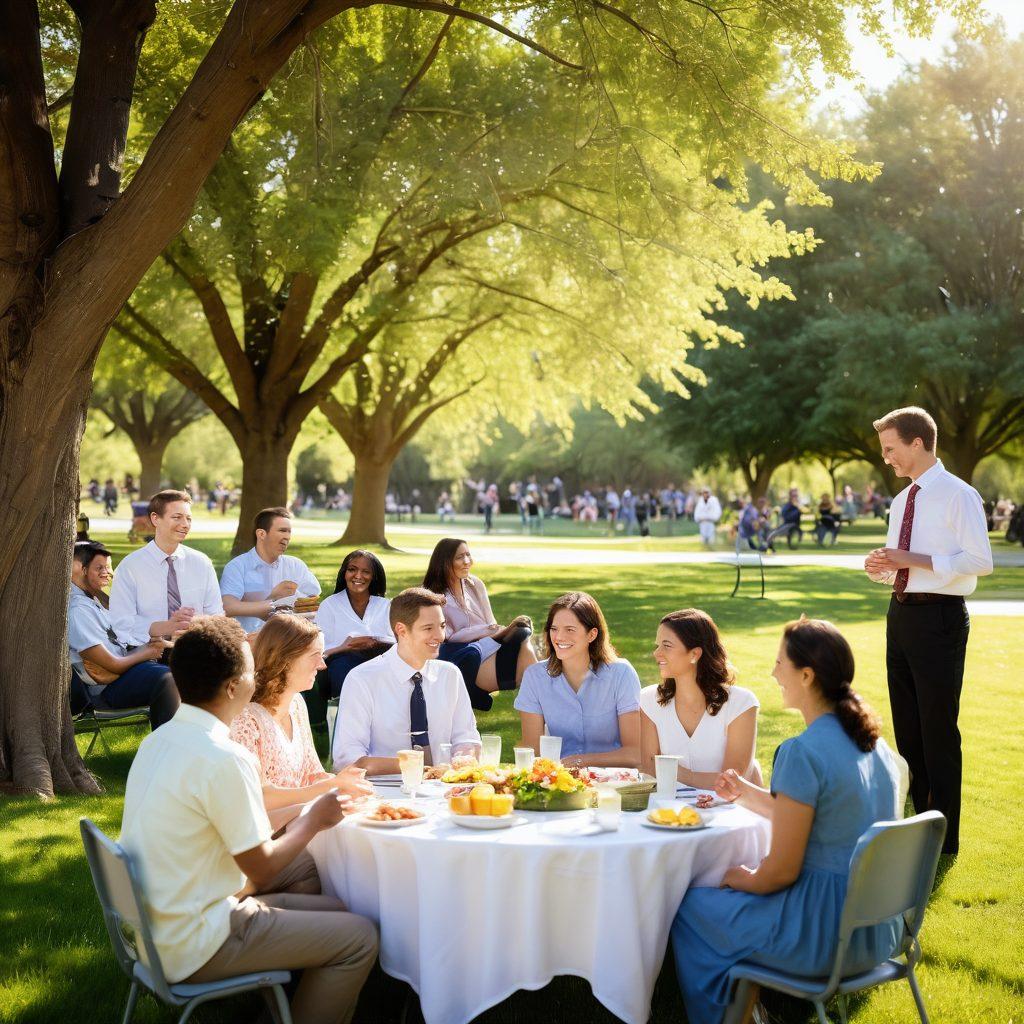 A serene community gathering of Latter-day Saints in a sunlit park, showcasing diverse individuals engaging in joyful conversations, sharing food, and laughing together. The background features blossoming trees and a peaceful landscape, symbolizing well-being and tranquility. Gentle rays of sunlight illuminate the scene, creating a warm and inviting atmosphere, highlighting the connections between members. soft focus, vibrant colors, 3D.