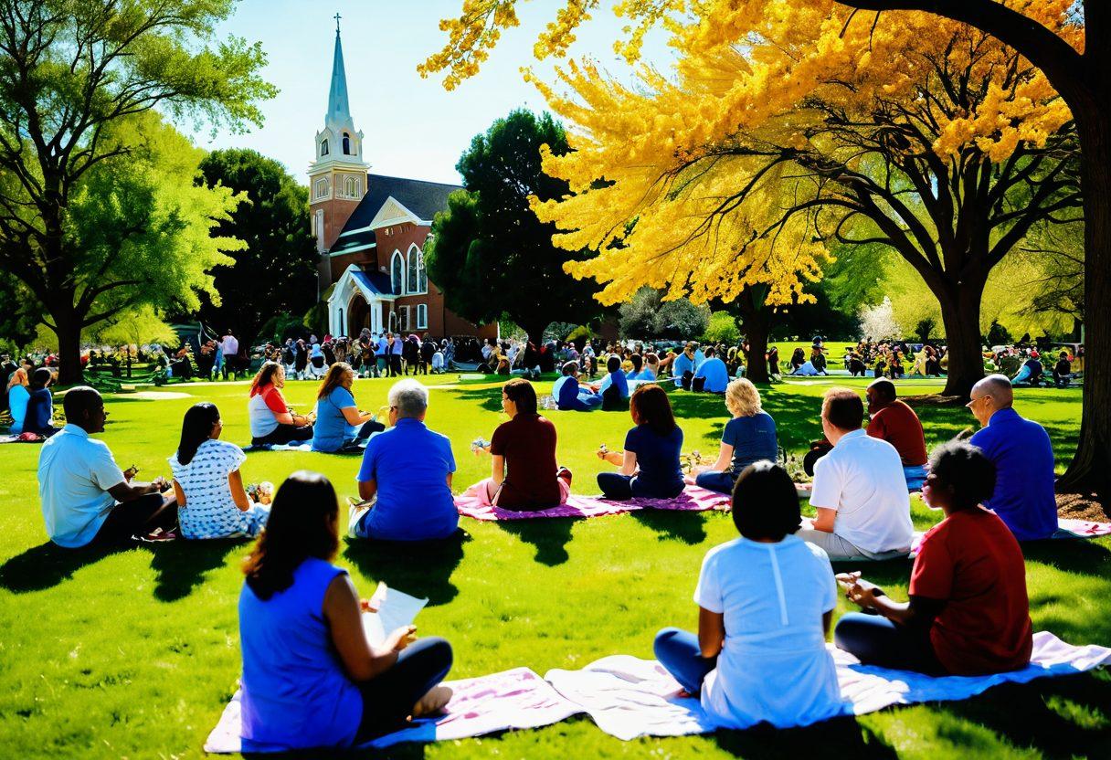 A warm, inviting scene of diverse Latter-day Saints community members enjoying a joyful gathering in a sunlit park, engaging in conversations, shared activities, and laughter, with a focus on expressions of happiness and connection. Include elements of nature like blooming flowers and trees, alongside symbols of faith such as a subtle silhouette of a church in the background. Vibrant colors, super-realistic.