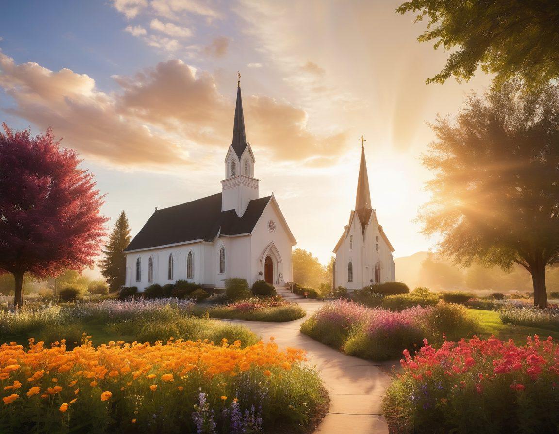 A serene landscape depicting a harmonious LDS community gathering, with individuals of diverse backgrounds sharing joyful moments under a radiant sky. Incorporate symbols of spirituality like sunrays illuminating a church steeple, gentle smiles, and a natural setting filled with blooming flowers. Highlight elements of fellowship and community support through hands meeting together in friendship. Soft focus and warm colors enhance the sense of optimism and joy. super-realistic. vibrant colors. serene atmosphere.